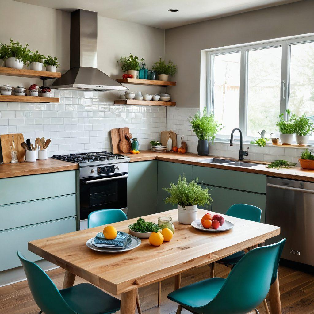 A beautifully designed modern kitchen with sleek, shiny appliances, surrounded by stylish décor elements like fresh herbs and colorful kitchenware. Show a cozy seating area with decorative pillows and warm lighting, conveying a sense of renovation and revitalization. Incorporate vibrant colors and an inviting atmosphere to illustrate the idea of home makeovers. painting. vibrant colors. bright and airy setting.