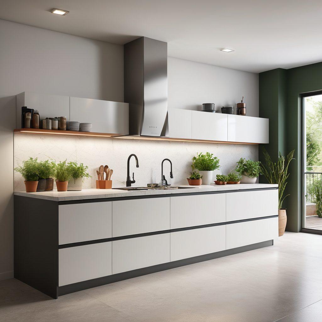 A stylish modern kitchen with clean lines, showcasing sleek appliances and smart technology seamlessly integrated. Include elegant decor elements like potted herbs on the counter and artistic lighting illuminating a polished surface. Capture the essence of effortless maintenance with minimalist storage solutions and vibrant colors. super-realistic. vibrant colors. bright and airy atmosphere.