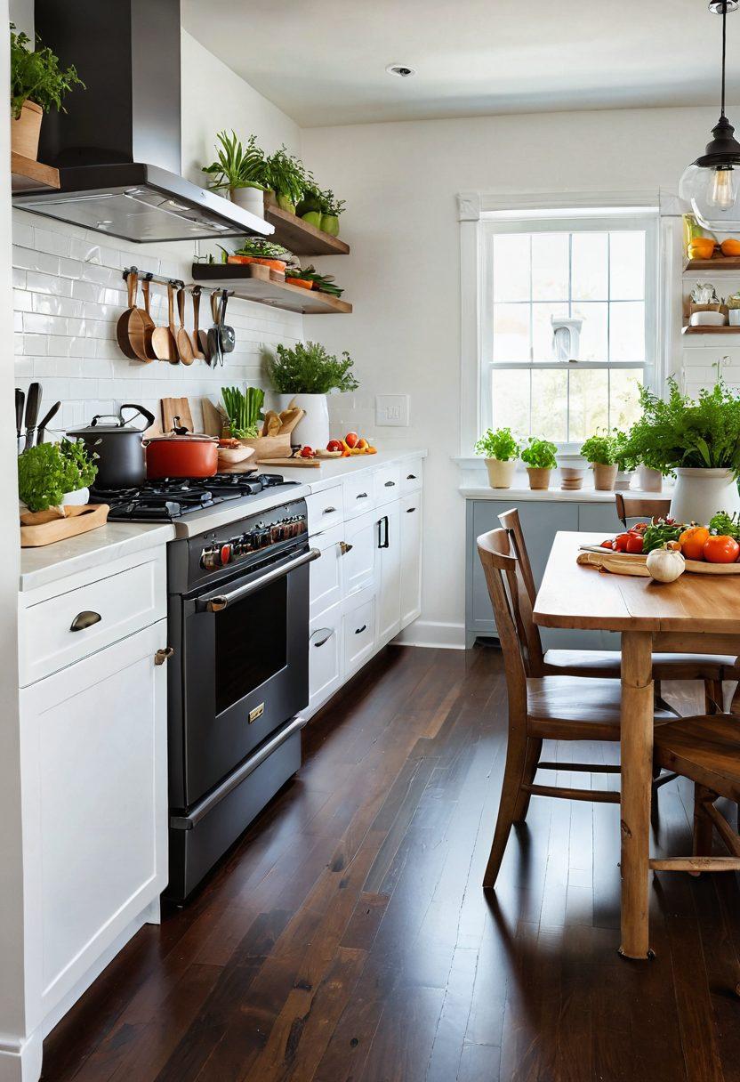 An inviting kitchen scene with gleaming appliances, showcasing a well-maintained stove, refrigerator, and dishwasher, surrounded by fresh herbs and colorful vegetables. Include a cozy dining area in the background with a beautifully set table. Add subtle hints of renovation, such as paint swatches and tools, to suggest an ongoing kitchen upgrade. Bright and airy atmosphere, emphasizing cleanliness and organization. super-realistic. vibrant colors. bright white background.